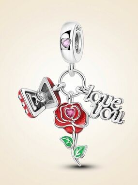 S925 Silver Rose Love You Triple Dangle Charm Pandora Fit Anniversary Gift